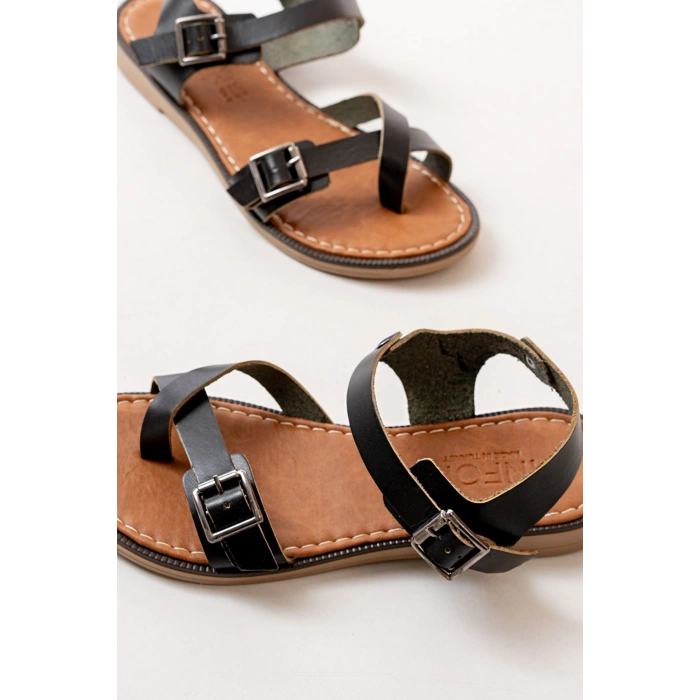 205-091 Siyah Ortopedik Hakiki Deri Kadın Sandalet