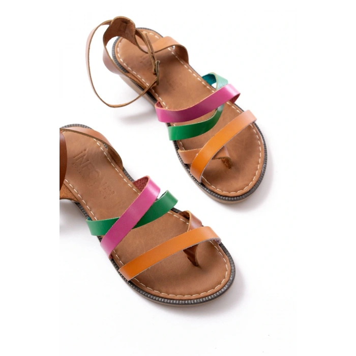 205-209 Turuncu Multi  Hakiki Deri Tokalı Parmak Arası Kadın Sandalet