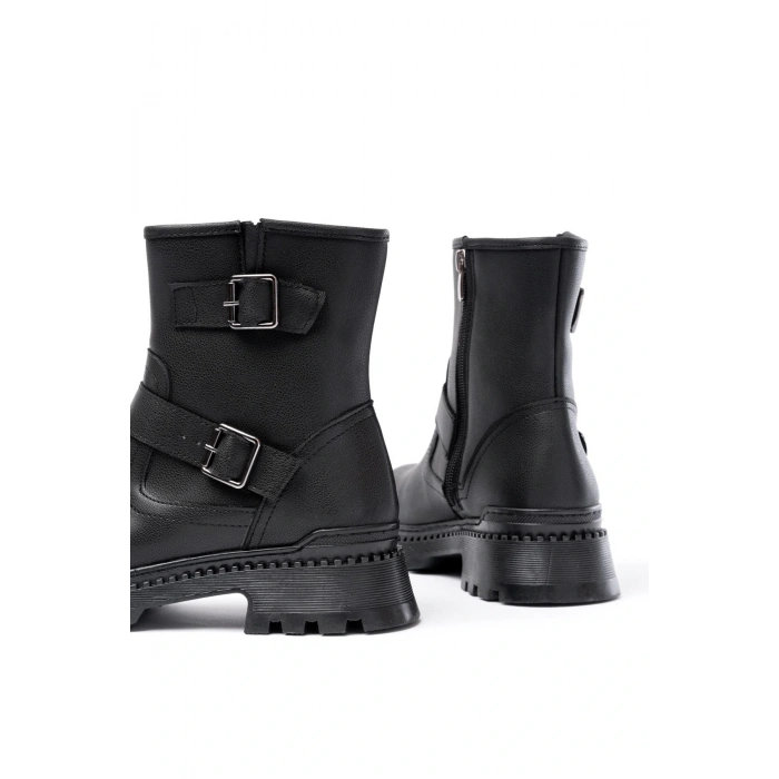 2051-2014 Siyah Tokalı Düz Topuklu Tokalı Fermuarlı Günlük Kadın Bot