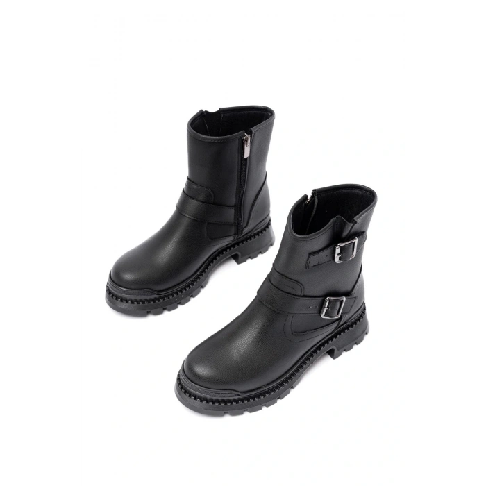 2051-2014 Siyah Tokalı Düz Topuklu Tokalı Fermuarlı Günlük Kadın Bot