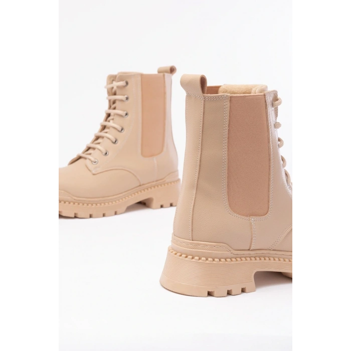 2051-298 Bej Düz Topuklu Bağcıklı Lastikli Günlük Kadın Bot