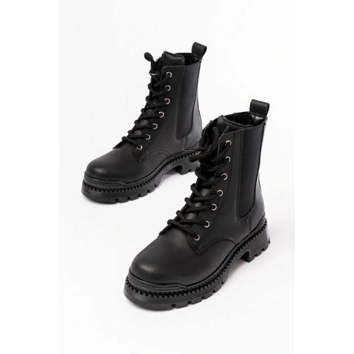 2051-298 Siyah Luna Düz Topuklu Bağcıklı Lastikli Günlük Kadın Bot