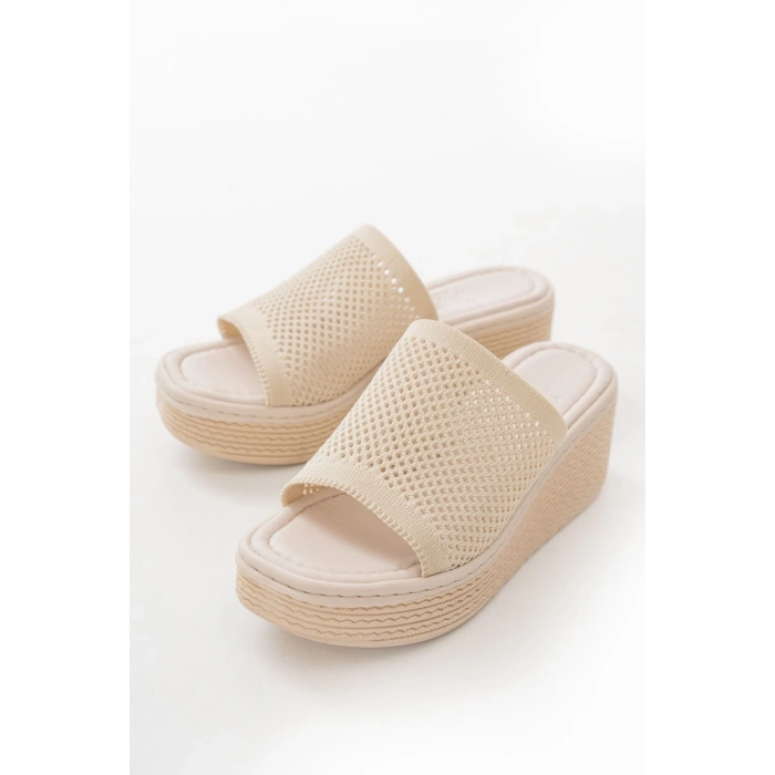 232-460 Bej Triko Günlük Ortopedik Dolgu Topuk Kadın Terlik