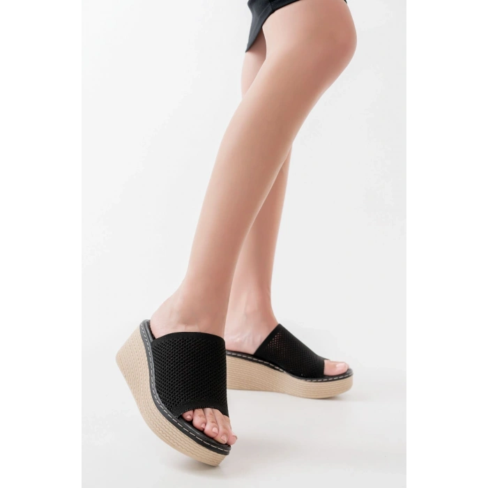 232-460 Siyah Triko Günlük Ortopedik Dolgu Topuk Kadın Terlik