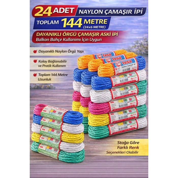 24 Adet Naylon Çamaşır İpi 6 Metre Dayanıklı Örgü Çamaşır Askı İpi Toplam 144 Metre