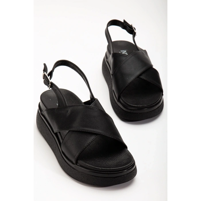 24422-1164 Siyah Dolgu Topuk Kadın Sandalet