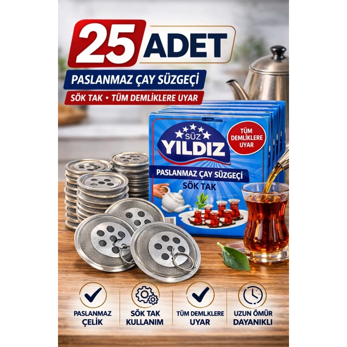 25 Adet Paslanmaz Çelik Çaydanlık Demlik Süzgeci Sök Tak Çay Süzgeci Tüm Demliklere Uyumlu Çaydanlık Filtresi