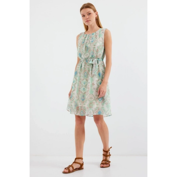 2501 Desenli Sıfır Kol Şifon Elbise - Mint