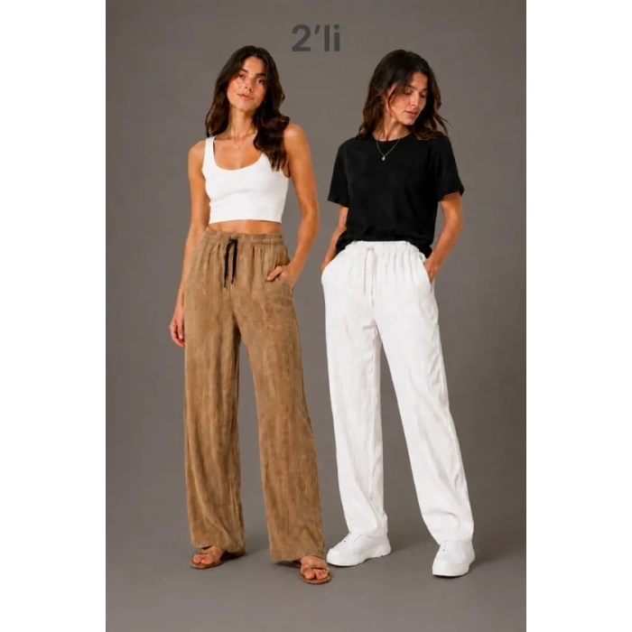2li Bürümcük Kumaş Beli Lastikli Bağcıklı Bol Paça Pantolon - Beyaz/Vizon