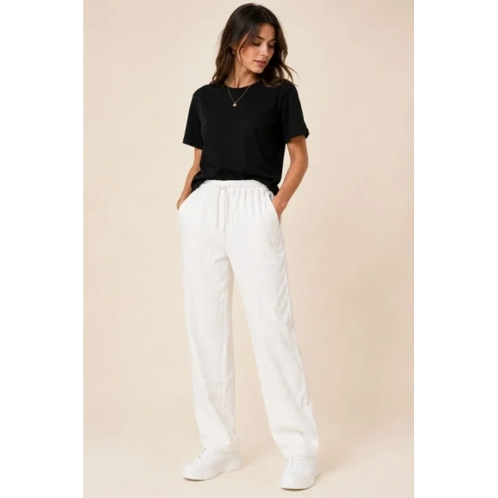 2li Bürümcük Kumaş Beli Lastikli Bağcıklı Bol Paça Pantolon - Beyaz/Vizon