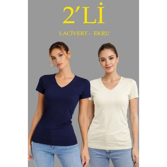 2li V Yaka Tişört – Kısa Kollu Yazlık Slim Fit Body - Lacivert - Ekru