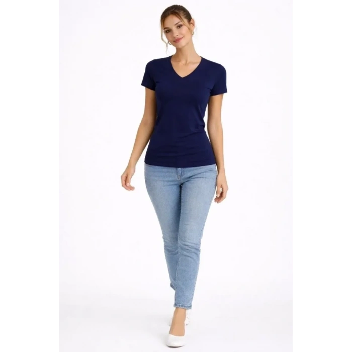 2li V Yaka Tişört – Kısa Kollu Yazlık Slim Fit Body - Lacivert - Ekru