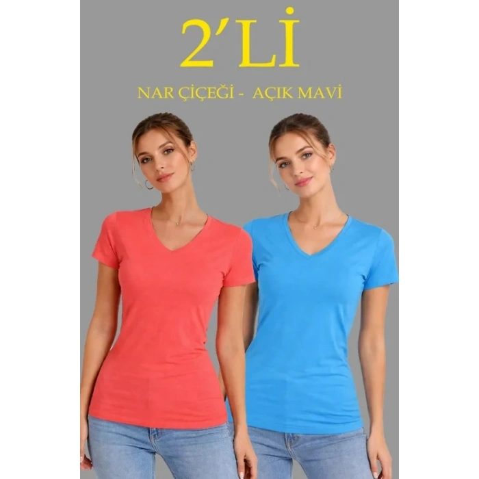 2li V Yaka Tişört – Kısa Kollu Yazlık Slim Fit Body - Nar Çiçeği - Açık Mavi