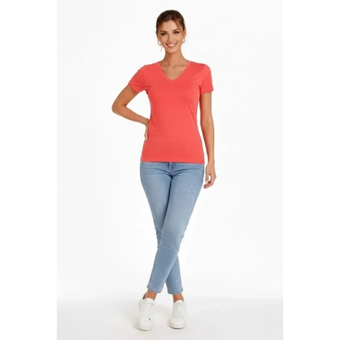 2li V Yaka Tişört – Kısa Kollu Yazlık Slim Fit Body - Nar Çiçeği - Açık Mavi