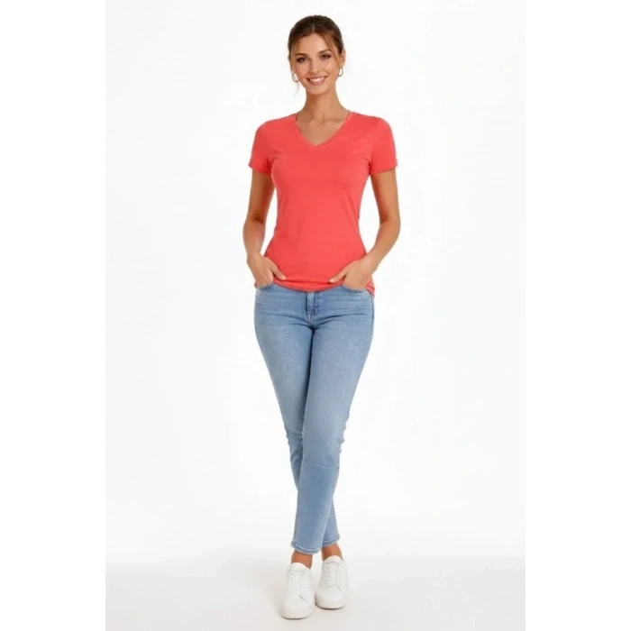 2li V Yaka Tişört – Kısa Kollu Yazlık Slim Fit Body - Nar Çiçeği - Açık Mavi