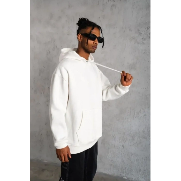 3 İplik Kapşonlu Sweatshirt Hoodie - Beyaz