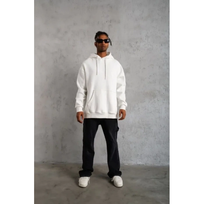 3 İplik Kapşonlu Sweatshirt Hoodie - Beyaz