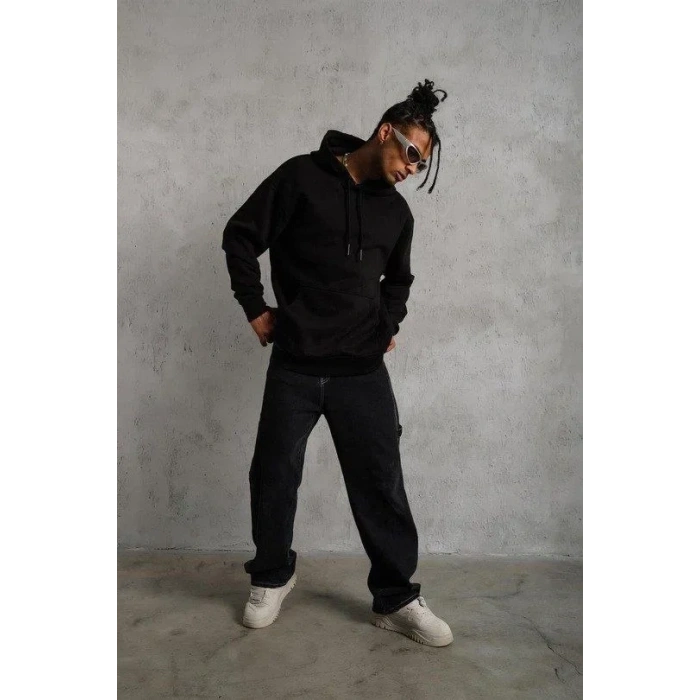 3 İplik Kapşonlu Sweatshirt Hoodie - Siyah