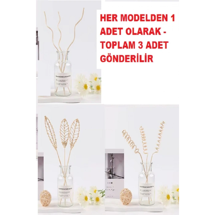 3 Tek Adet 3 Model Aromaterapi Koku Dağıtıcı Rattan Şişe Ahşap Difüzör Çubuk (Spiral-Yaprak-Dalgalı)