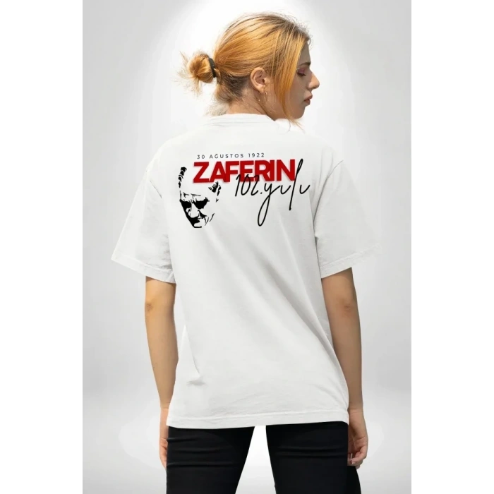 30 Ağustos Zafer Bayramı Atatürk Temalı Oversize Bisiklet Yaka T-shirt - Beyaz