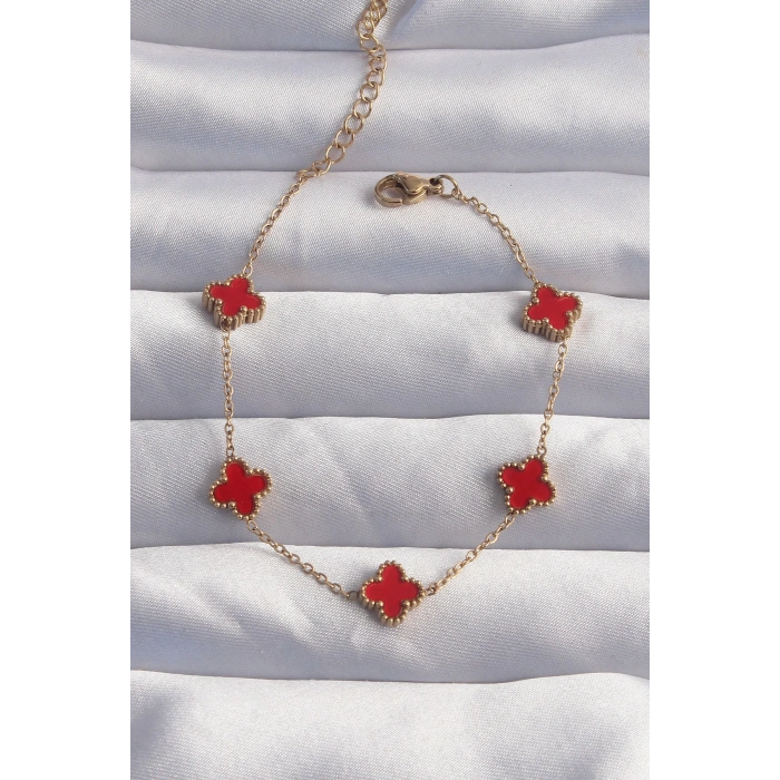 316L Çelik Baby Boy Gold Renk Kırmızı Mineli Yonca Bileklik