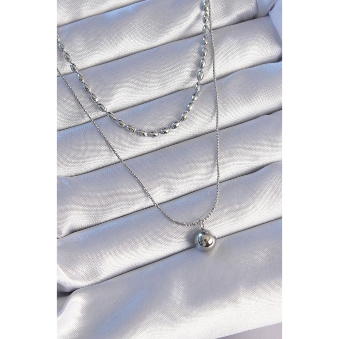 316L Çelik Çift Zincirli Gümüş Renk Topçuk Model Kolye