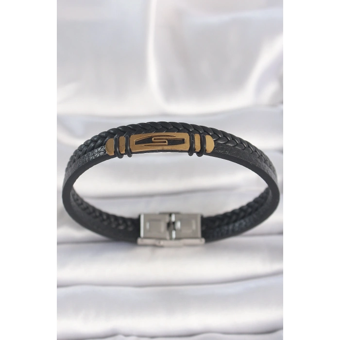 316L Çelik Gold Renk Aksesuarlı Çift Sıra Siyah Burgu Desenli Deri Kordon Erkek Bileklik