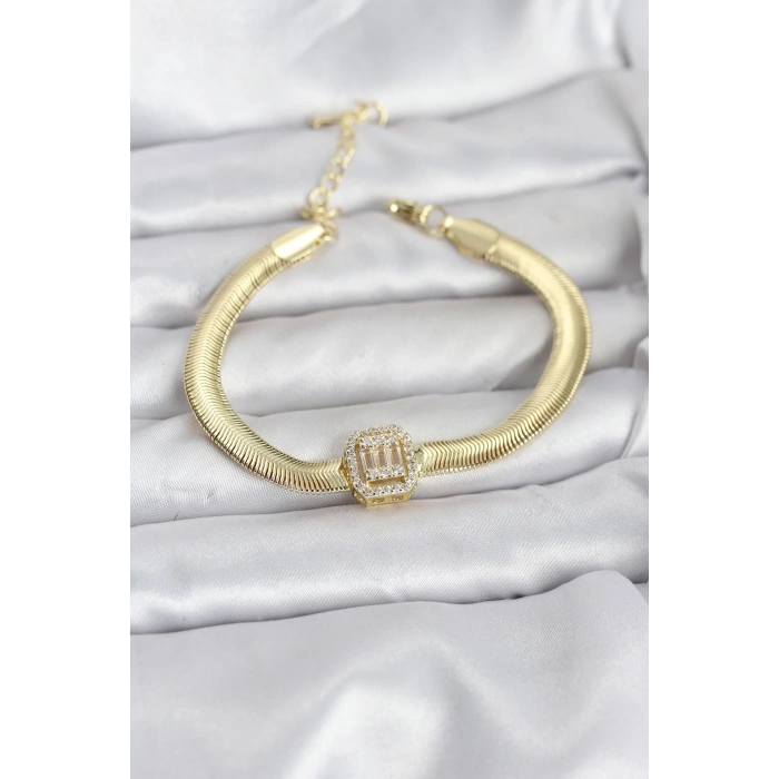 316L Çelik Gold Renk Baget Zirkon Taşlı Yılan Zincirli Kadın Bileklik