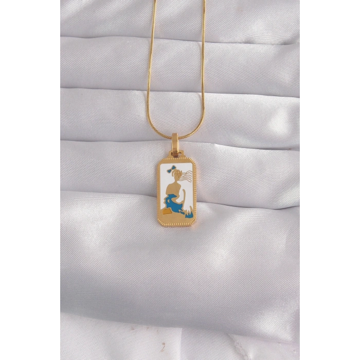 316L Çelik Gold Renk Beyaz Mineli Kız Figür Tarot Kolye