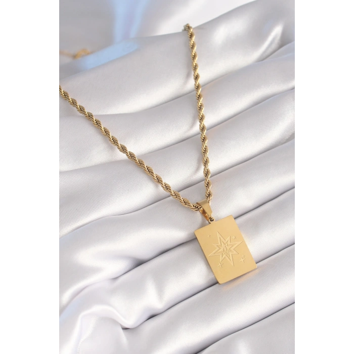 316L Çelik Gold Renk Burgu Zincir Kutup Yıldızı İşleme Plaka Figür Kadın Kolye