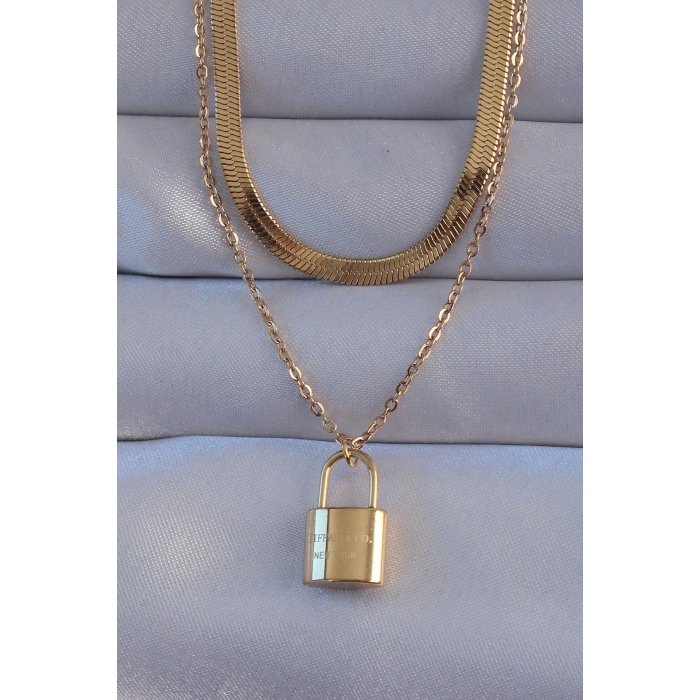 316L Çelik Gold Renk Çift Zincir Kilit Model Kolye