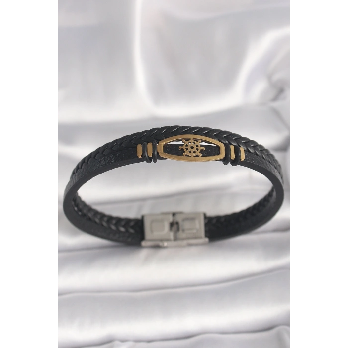 316L Çelik Gold Renk Gemi Dümen Figür Siyah Renk Çift Sıra Burgu Desenli Deri Kordon Erkek Bileklik