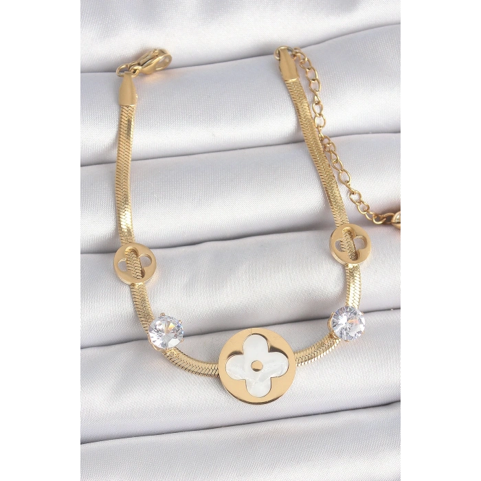 316L Çelik Gold Renk İtalyan Zincir Beyaz Mineli Yonca Model Zirkon Taş Detaylı Kadın Bileklik