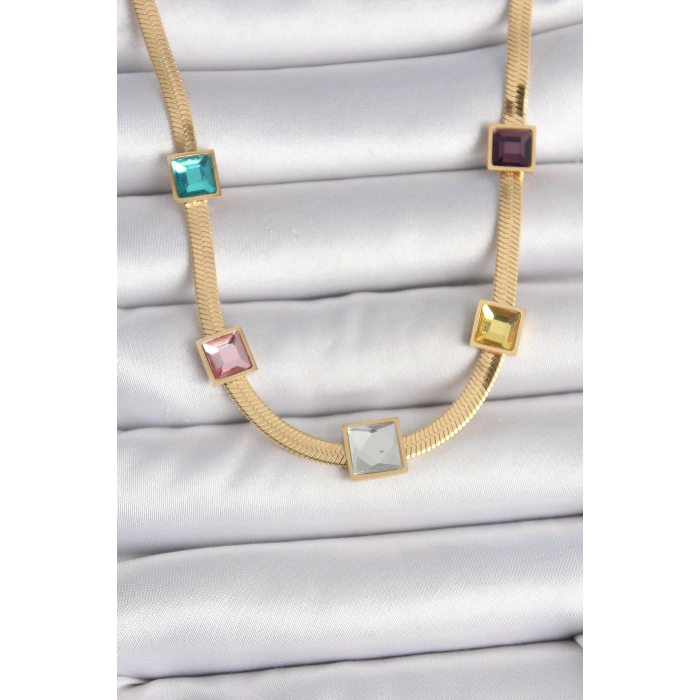 316L Çelik Gold Renk İtalyan Zincir Model Kare Renkli Zirkon Taşlı Kadın Kolye