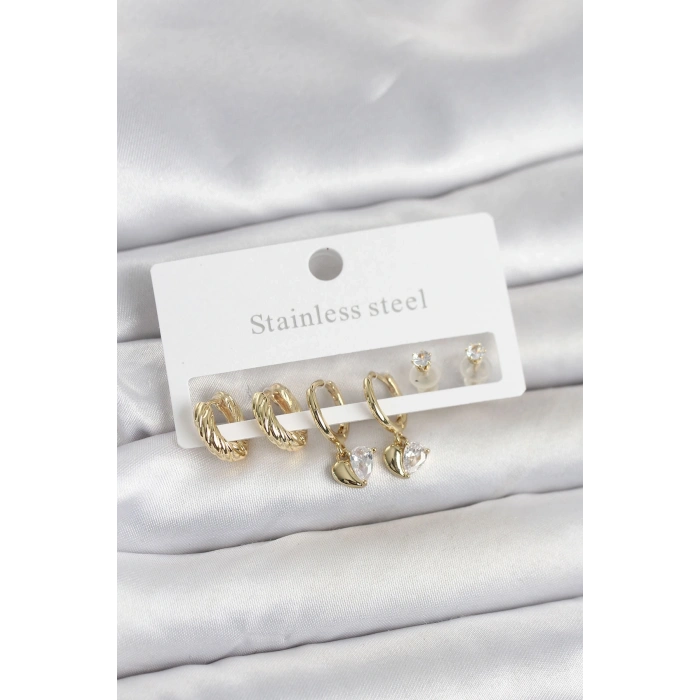 316L Çelik Gold Renk Kalp Detaylı Kadın Küpe Seti