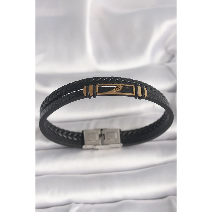 316L Çelik Gold Renk Kanat Aksesuarlı Siyah Burgu Model Deri Kordon Erkek Bileklik