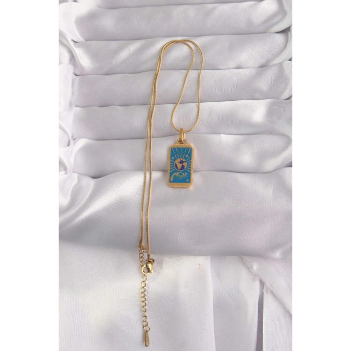 316L Çelik Gold Renk Mavi Mineli El Figür Tarot Kolye