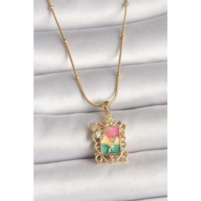 316L Çelik Gold Renk Renkli Zirkon Taşlı Kelebek İşlemeli Portre Model Kadın Kolye