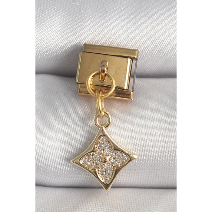 316L Çelik Gold Renk Sallantı Zirkon Taşlı Çiçek İşlemeli Nomination Charm