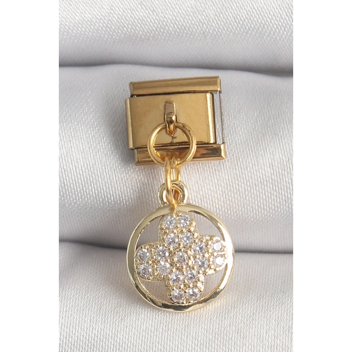 316L Çelik Gold Renk Sallantı Zirkon Taşlı Yonca Model Nomination Charm
