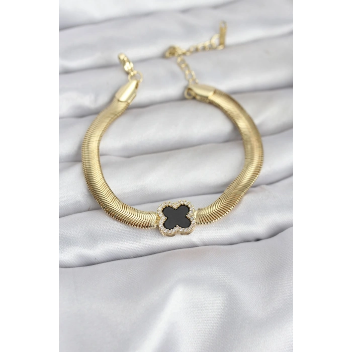 316L Çelik Gold Renk Siyah Yonca Model Zirkon Taşlı Yılan Zincirli Kadın Bileklik