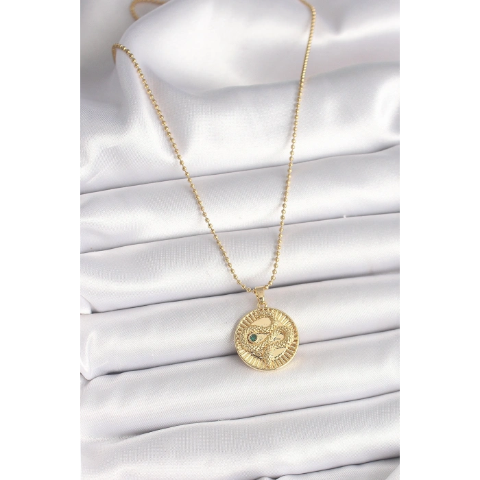 316L Çelik Gold Renk Topçuk Zincir Yılan İşlemeli Zirkon Taş Detaylı Madalyon Model Kadın Kolye