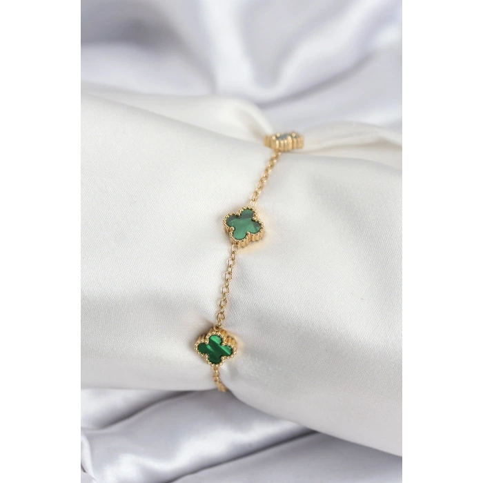 316L Çelik Gold Renk Yeşil Baby Boy Yonca Kadın Bileklik