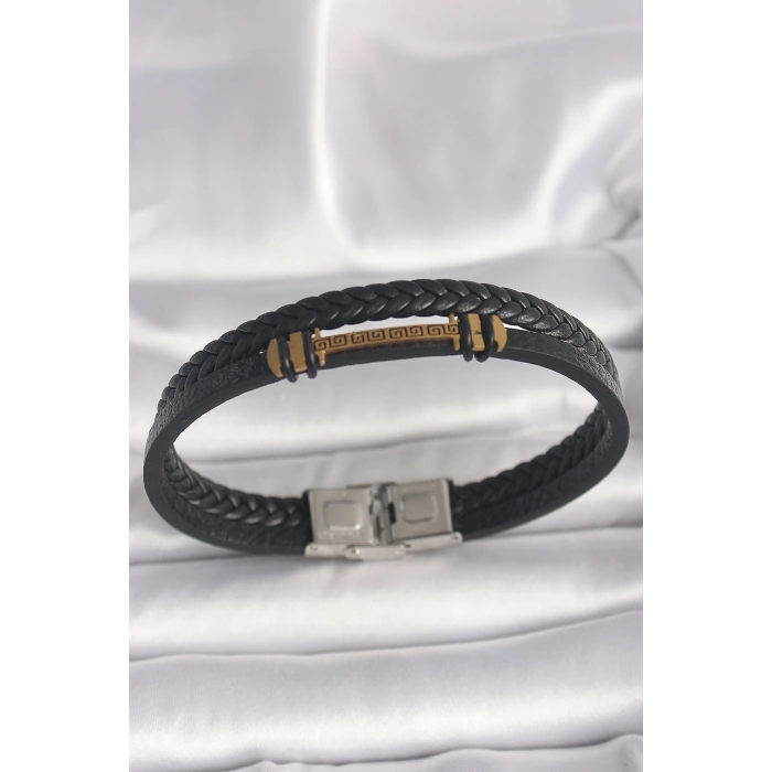 316L Çelik Gold Renk ZikZak İşlemeli Aksesuarlı Çift Sıra Burgu Desenli Deri Kordon Erkek Bileklik