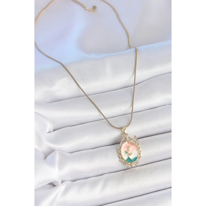 316L Çelik Gold Renk Zincir Mix Renk Çiçek İşlemeli Zirkon Taş Detaylı Portre Model Kadın Kolye
