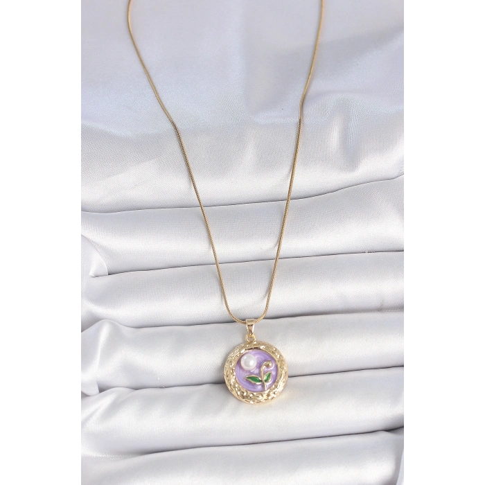 316L Çelik Gold Renk Zincir Mor Çiçek İşlemeli İnci Detay Potre Model Kadın Kolye