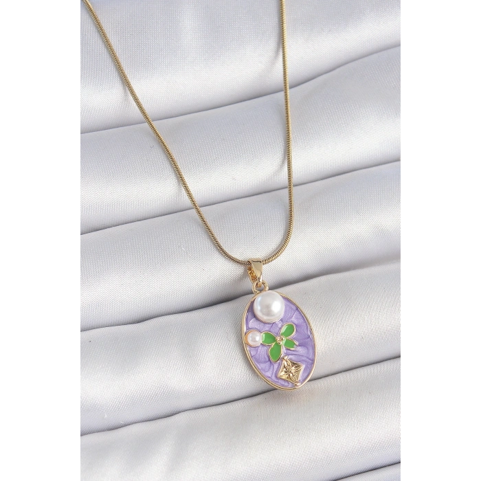 316L Çelik Gold Renk Zincir Mor Mineli Oval İncili Çiçek İşlemeli Portre Model Kadın Kolye