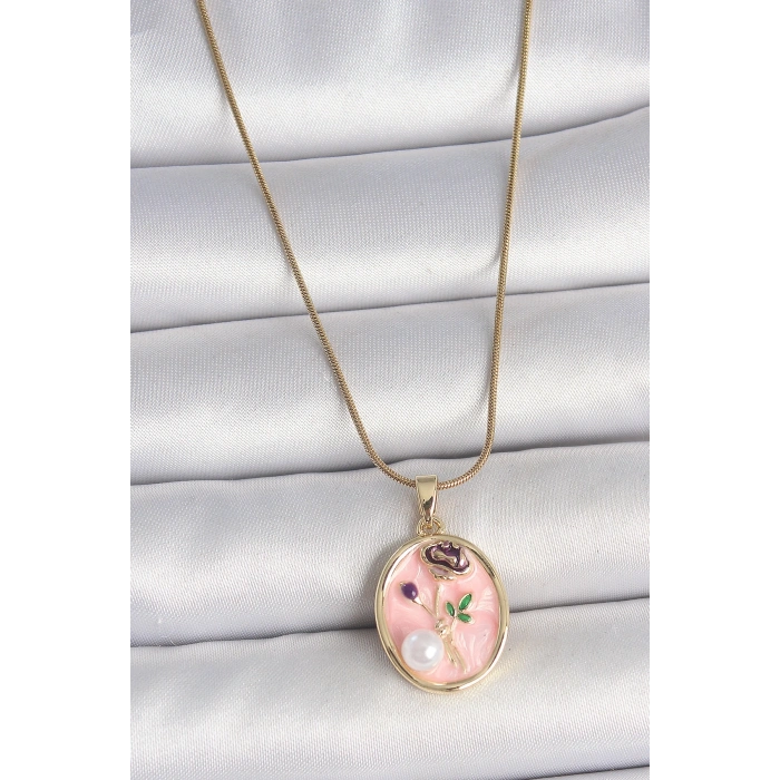 316L Çelik Gold Renk Zincir Pembe Çiçek İşlemeli İnci Detay Portre Model Kadın Kolye