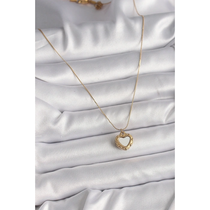 316L Çelik Gold Renk Zincir Sedefli Kalp Model Kadın Kolye