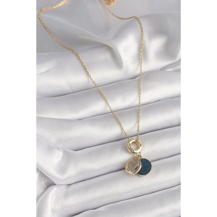 316L Çelik Gold Renk Zincir Zirkon Taşlı Kalp Model Mavi Simli Kadın Kolye